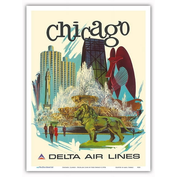 Chicago Illinois - Buckingham Fountain Marina City - Delta Air Lines - Vintage Airline Travel Poster by Fred Sweney c.1970s - Master Art Print (Unframed) 9in x 12in