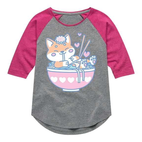 Instant Message - Kawaii Ramen Shiba Inu - Toddler & Youth Girls Raglan Graphic T-Shirt