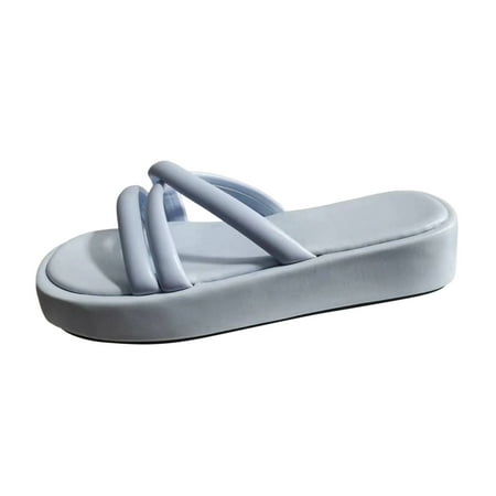 OJSFQUFP Womens Summer Slippers Ladies Fashion Summer Solid Color Leather Open Toe Thick Sole Casual Sandals Soft Sole Outdoor Beach Shoes Women Slippers Blue 39