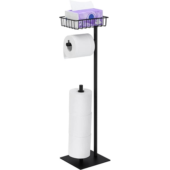 Freestanding Toilet Paper Holder Stand with Basket, Black