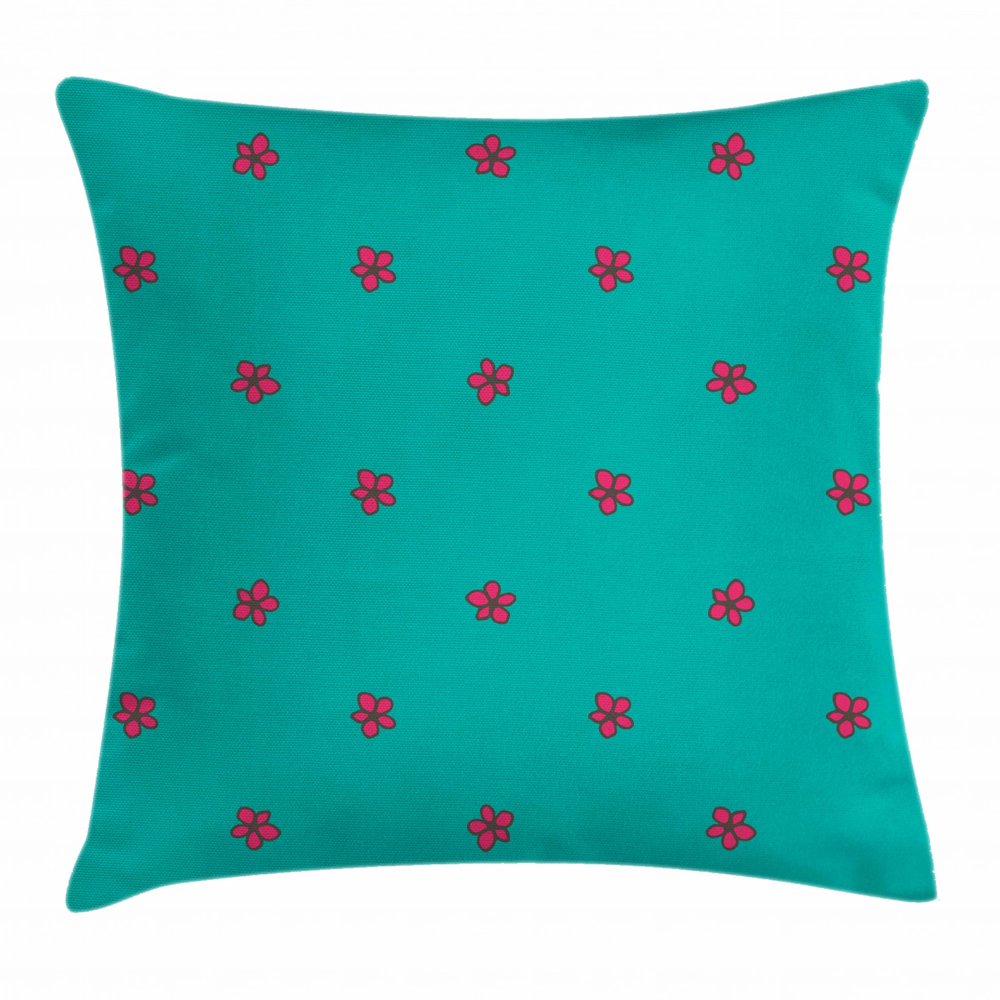 Teal Throw Pillow Cushion Cover, Hand Drawn Pink Wild Flowers Pattern