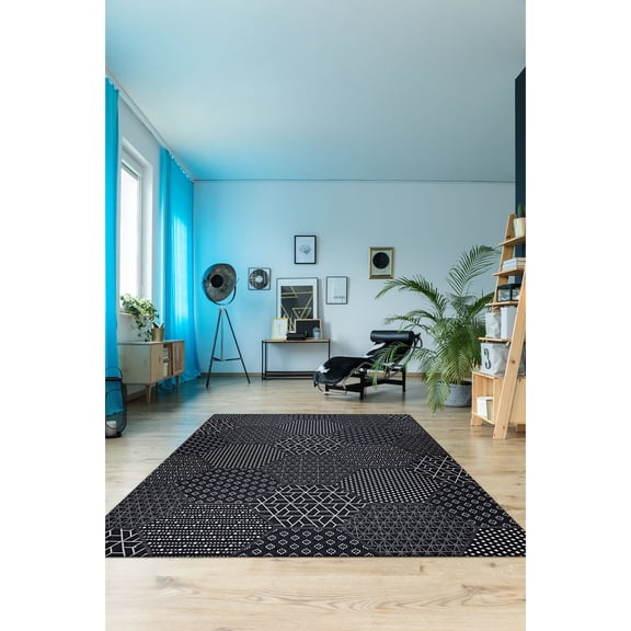 7.8' x 10.75' Black and White Contemporary Rectangular Outdoor Area Throw Rug
