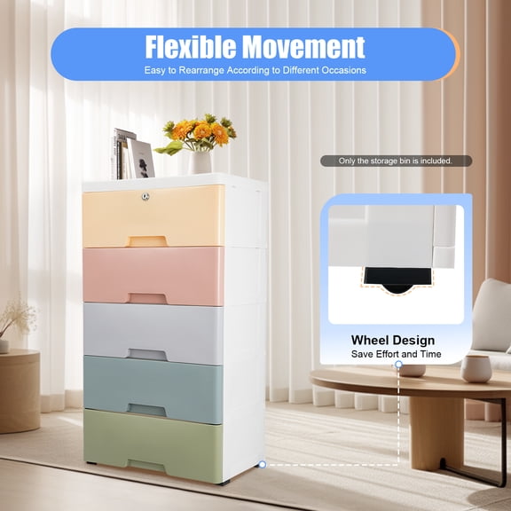 Modern Plastic Storage Dresser Bedroom 5 Drawer Clothes Organizer Tower Cabinet