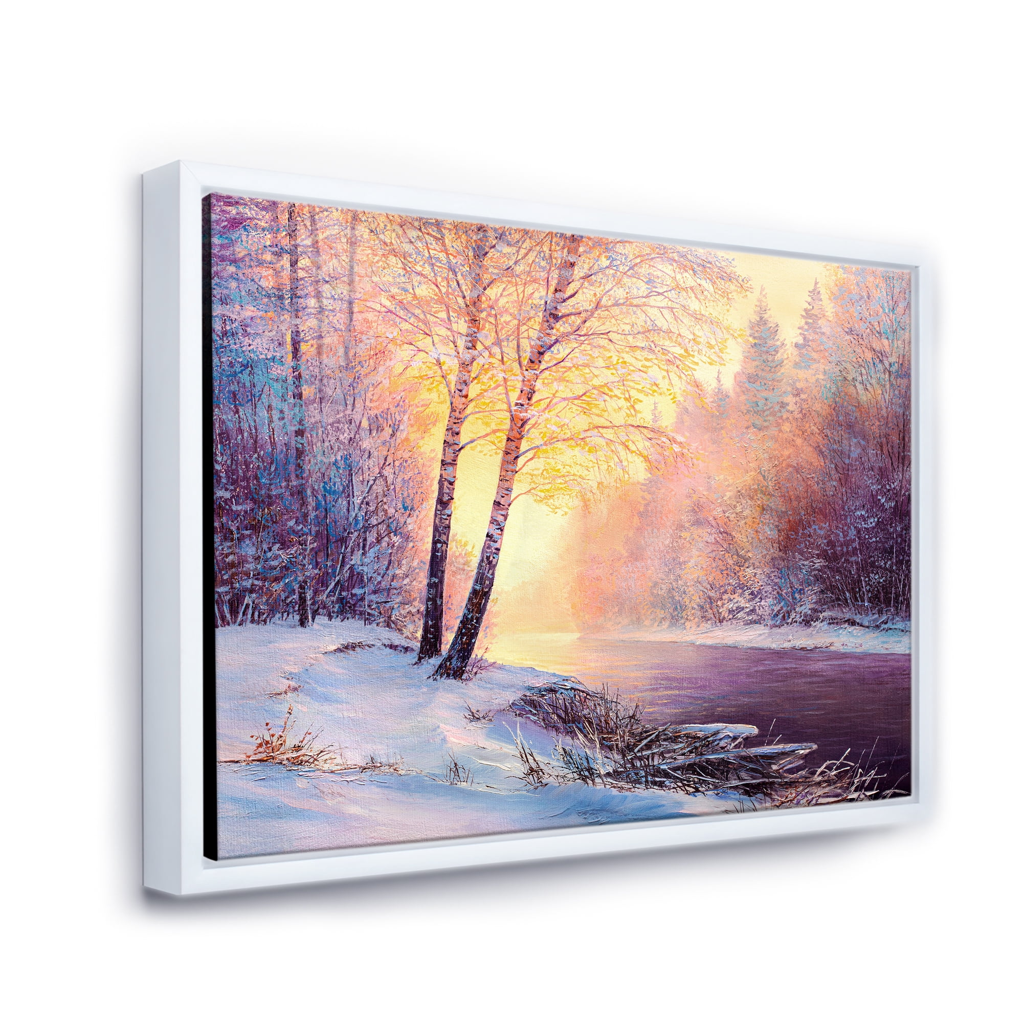 Bridge Of Meandering River With Winter Scenery II 40 in x 30 in Framed Photography Canvas Art Print, by Designart