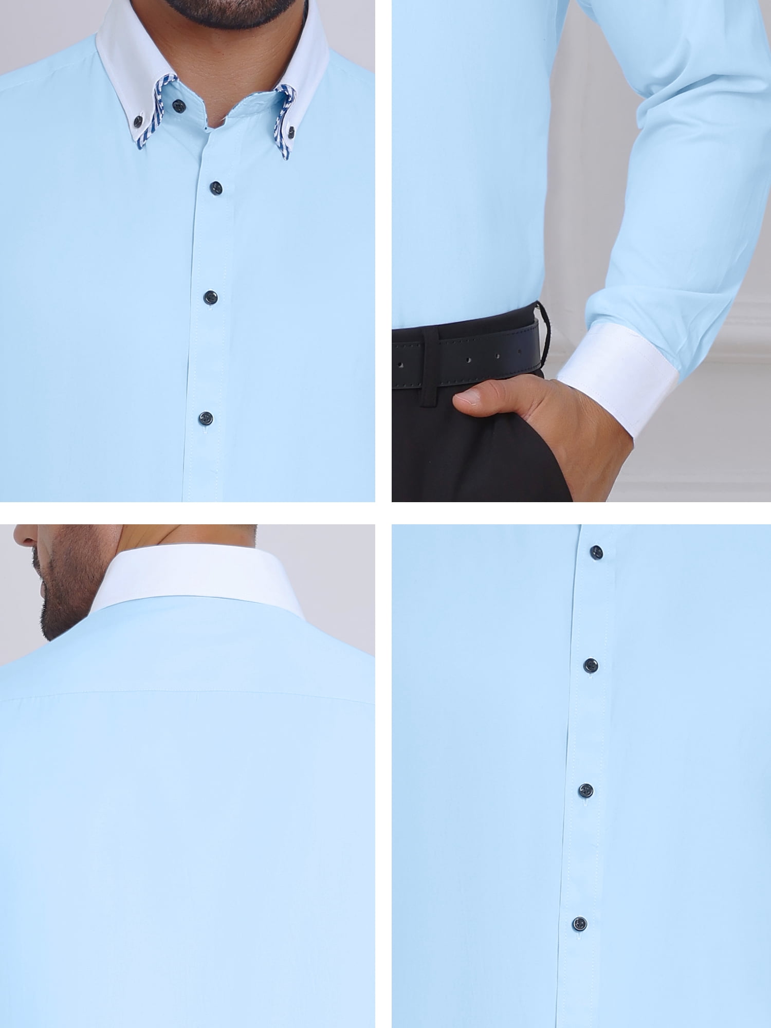 DARING DIVA Men's Contrasting Color Collar Long Sleeve Button Down Shirts M Light Blue
