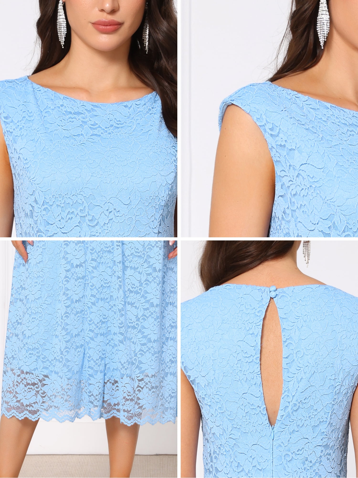 DARING DIVA Women's Boat Neck Vintage Formal Wedding Guest Lace Dress L Sky Blue