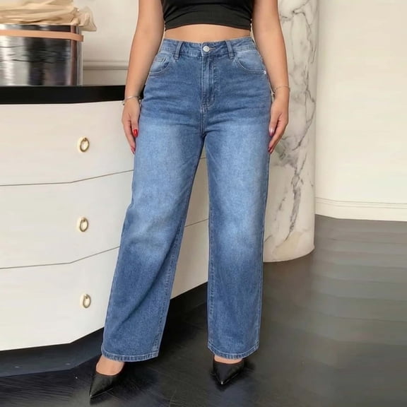 Karymi Jeans for Women Plus Size High Waist Straight Leg, Button Zip Fly Classic Five Pocket Denim Pants, Loose Full Length Wide Trousers