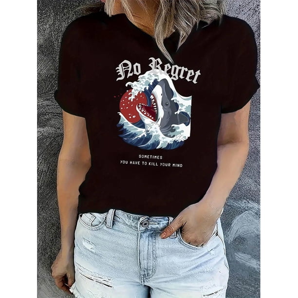 Camiseta con estampado de tiburón y olas "No Regret" para mujer: cuello redondo, manga corta, algodón cómodo, lavable a máquina. Camiseta de verano.