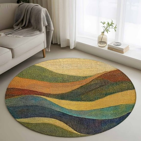 Vintage Green Yellow Round Rug 3ft Washable Circle Entryway Rugs Non Slip Farmhouse Retro Art Area Rug Indoor Floor Carpet for Bedroom Kitchen Living Room Home Office Dining Room Nursery