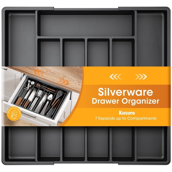 Kitsure Expandable Silverware Organizer, Utensil Tray PP Drawer Organizer, Black, 13.0" x 12.2" x 1.6"