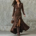 thumbnail image 2 of Womens Vintage Western Dresses, Suede V Neck Button Down Long Sleeve Maxi Dress Fishtail Hem Boho Western Dresses Coffee M, 2 of 4