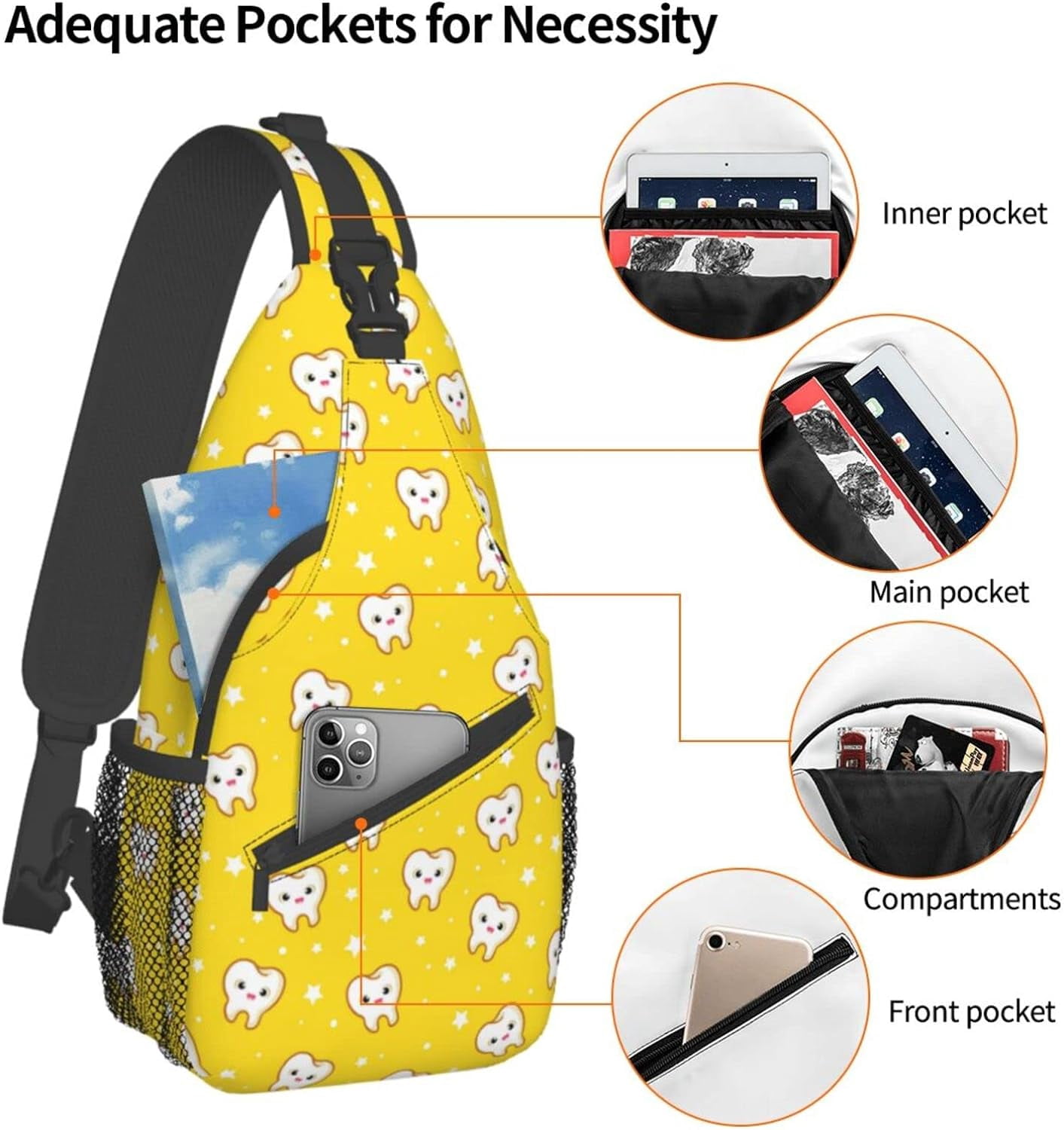Teeth Pattern Sling Bag Crossbody Hiking Travel Chest Bags Backpack Shoulder Daypack for Women Men