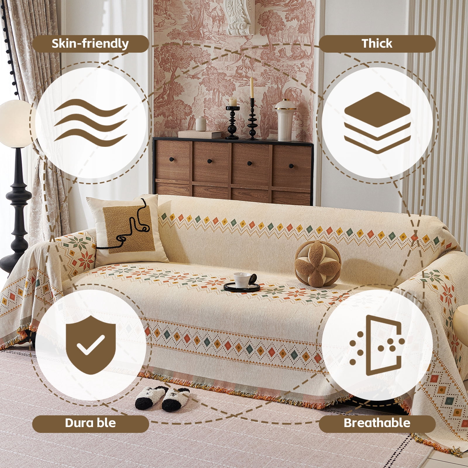 Croniis Boho Sofa Cover with Anti-slip Velcro Tape, Couch Blanket Cover Sectional Sofa Cover for Boho Style, Revitalizing the Old Sofa,Couch Protector,Chenille Fabric Colorful Lozenge 71*134in