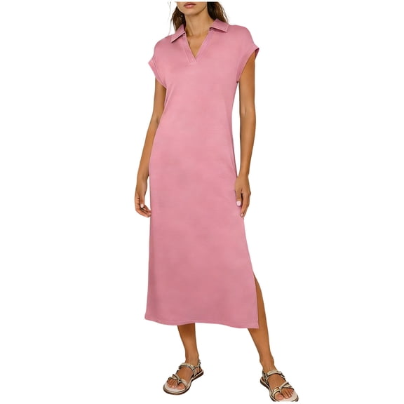 Dresses for Women 2026 Casual Loose Fit Short Sleeve Lapel V Neck Tshirt Dress Side Split Fashion Summer Outfits