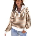 thumbnail image 3 of Women Striped Half Zip Long Sleeve Ribbed Knit Pullover Comfy Casual Light-Weight Tops Fall Fashion Brown S, 3 of 8