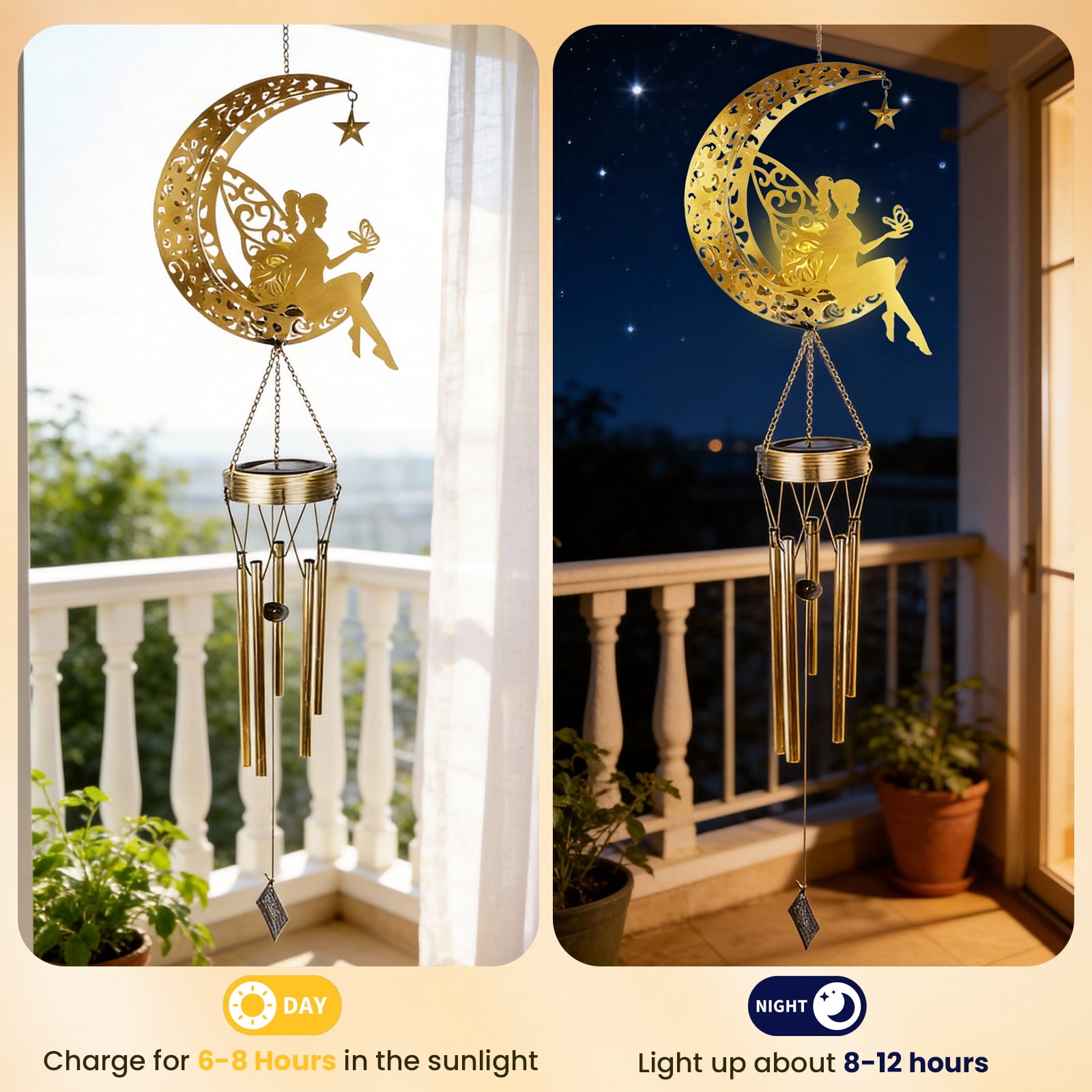 Solar Lights Wind Chimes, LED Moon Flower Fairy Light for Outdoor Garden Patio Decor & Gifts for Women