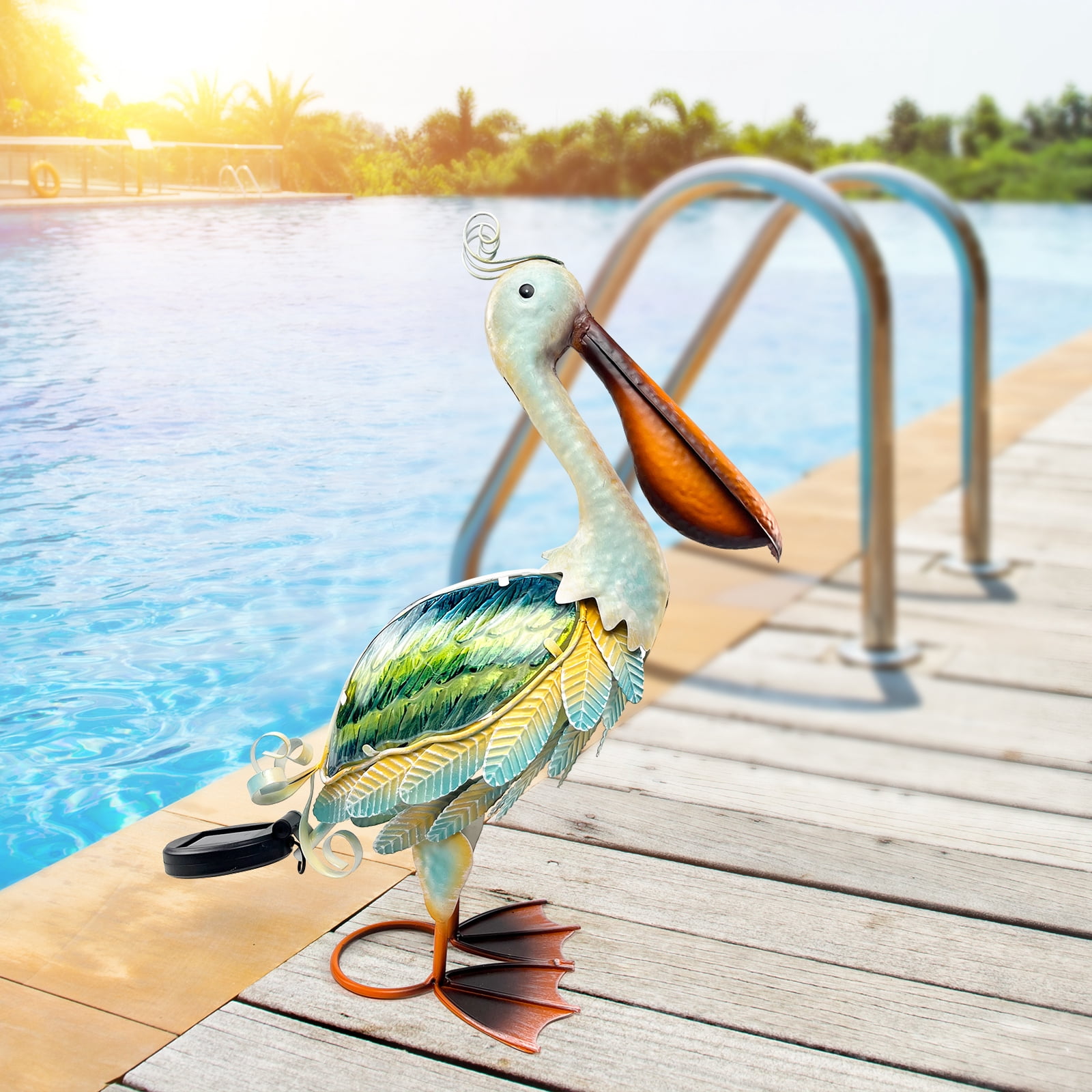 HONGLAND Solar Metal Pelican Garden Statue, 3D Glass Outdoor Pelican Yard Art for Porch Patio,Easy Assemble-19 inch