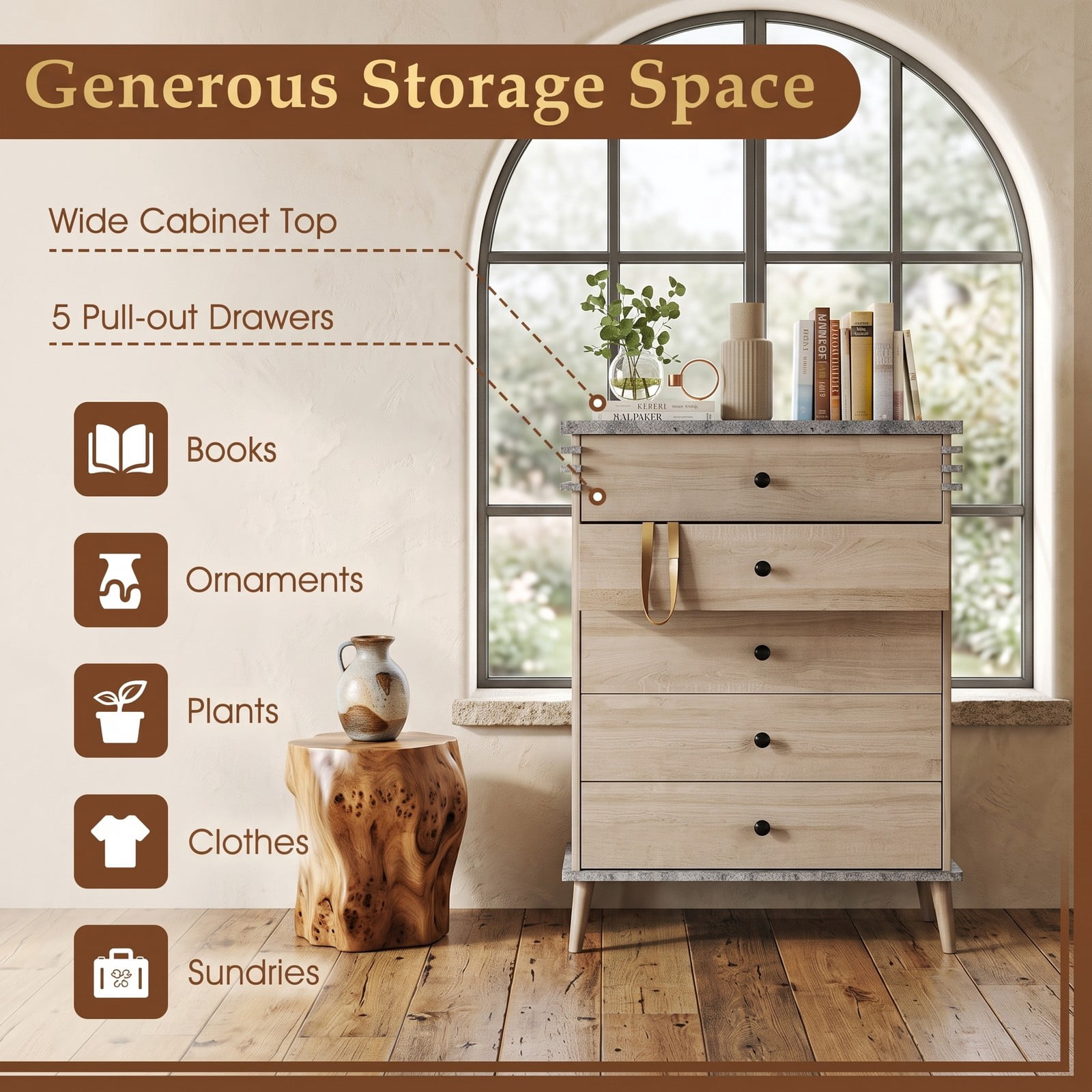 Furnibear Farmhouse 5-Drawer Tall Dresser with Metal Knobs and Solid Wood Legs for Bedroom and Closet Storage, Antique Grey and Natural