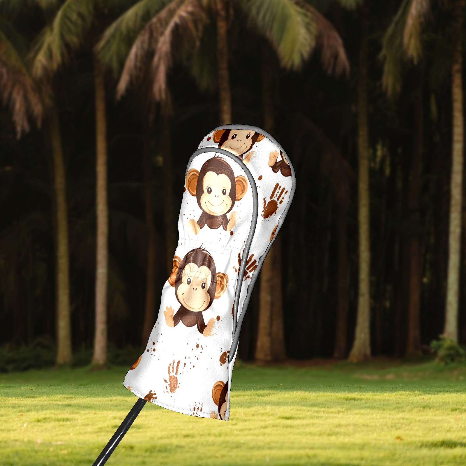 Golf Head Covers Monkey Handprint Pattern for Driver, Wood & Hybrid, Premium Waterproof PU Leather with Plush Lining, Playful Animal Golf Gifts