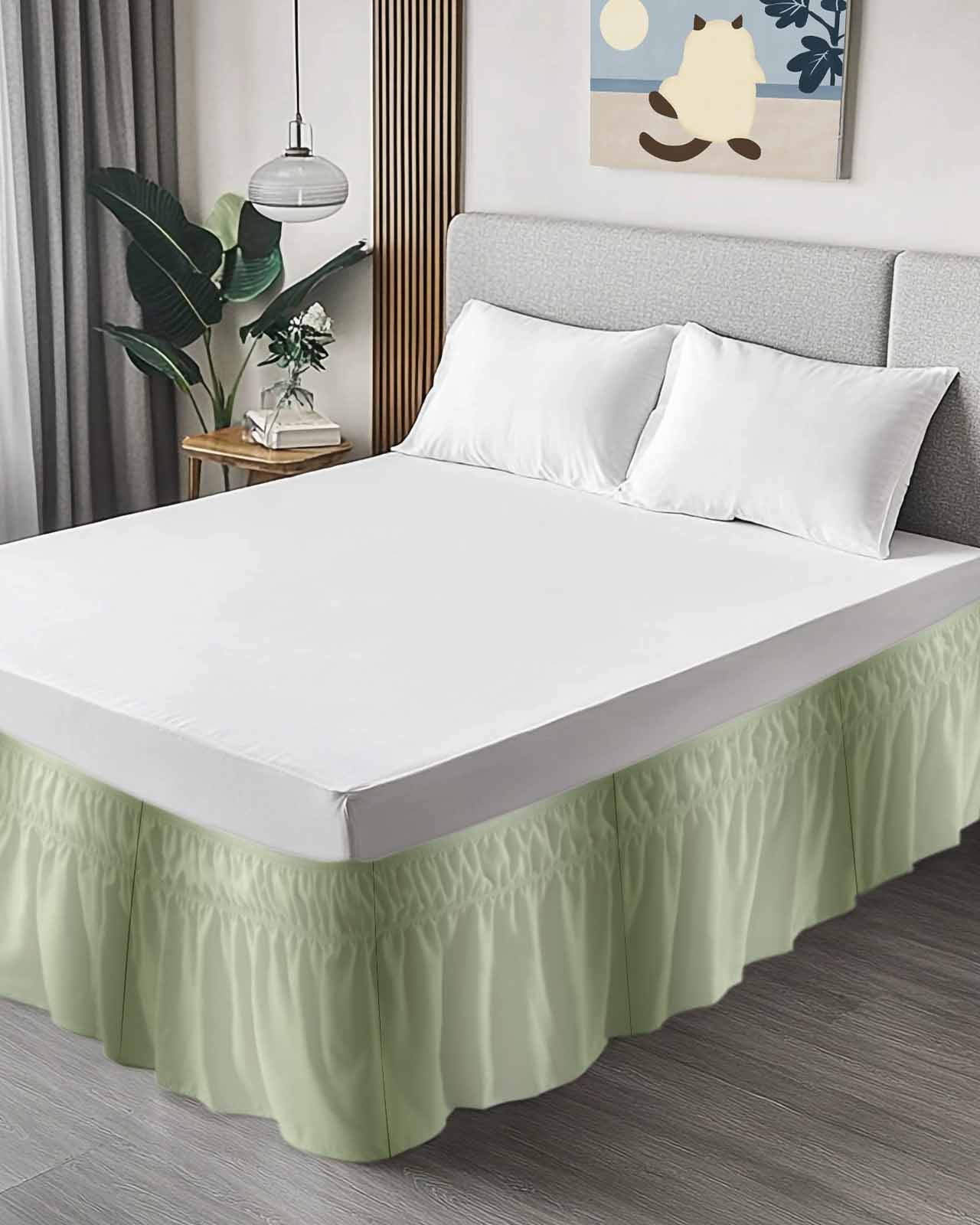 Sage Green Bed Skirt Ombre Solid Color Gradient Modern Art Bed Skirts Queen Size 18 Inch Drop, Wrap Around Dust Ruffle&nbsp;Bedskirt with Adjustable Elastic Belt for Queen Size Beds