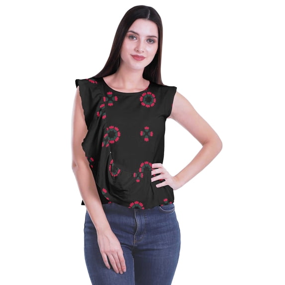 Moomaya Summer Tops Women Printed Sleeveless Tops Women Ruffle Casual Crop Top