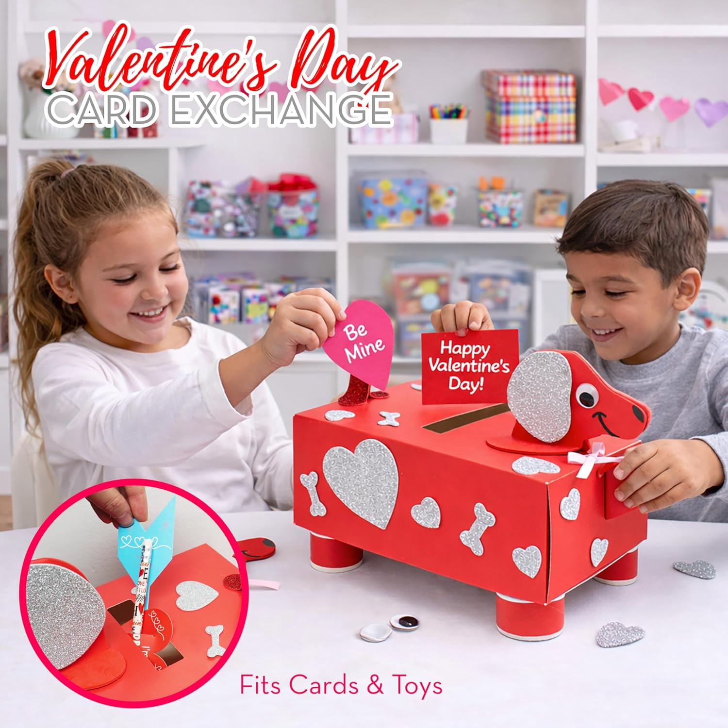 4E's Novelty DIY Dog Valentine Mailbox Kit Kids Classroom Card Box Foam Stickers Craft