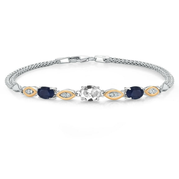 925 Silver and 10K Yellow Gold White Created Sapphire and Blue Sapphire and White Lab Grown Diamond Bracelet for Women (2.17 Cttw, Gemstone September Birthstone, Oval, Wheat Chain, 6.5 inches)