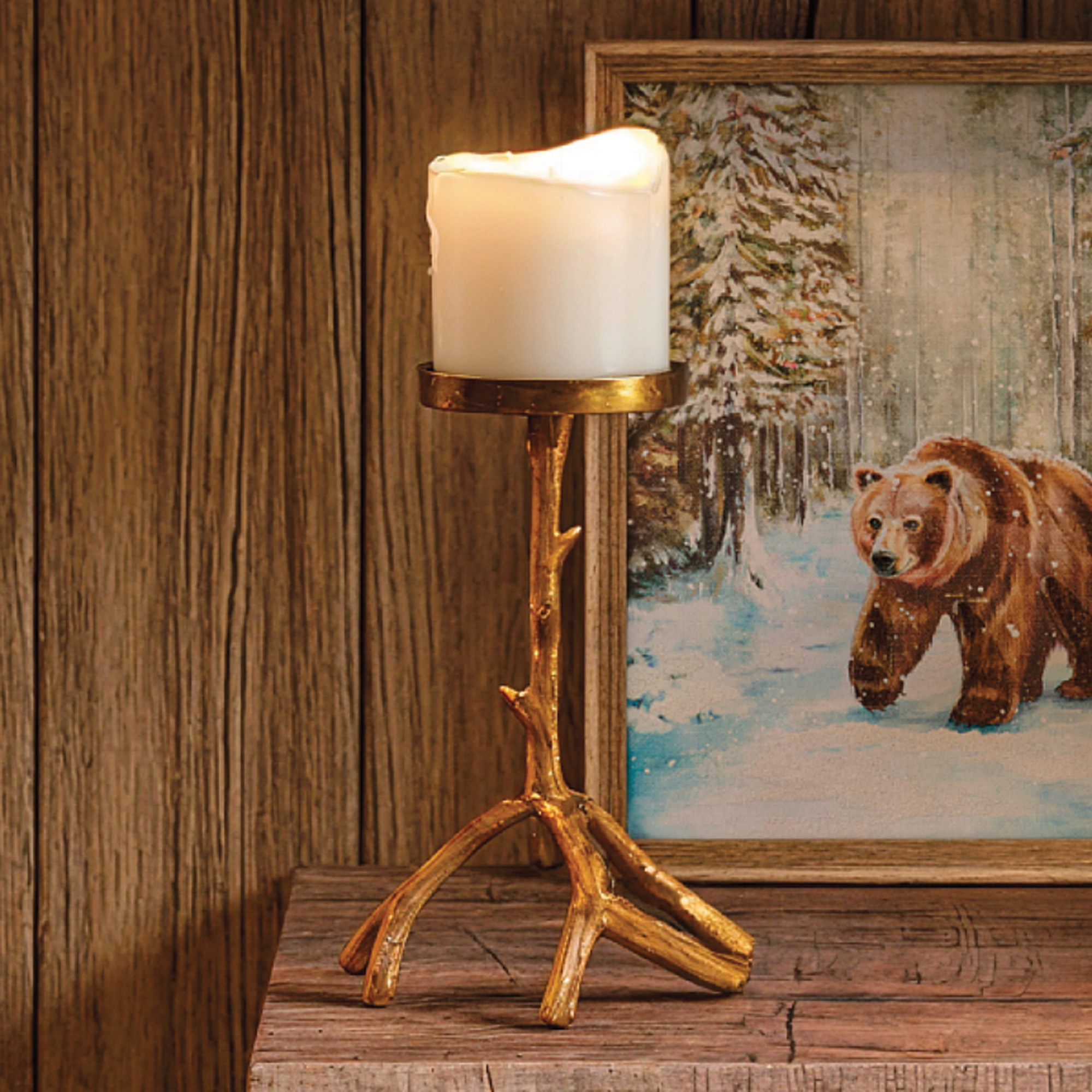 Large Rustic Gold Metal Antler Christmas Pillar Candle Holder, 10", by Holiday Time