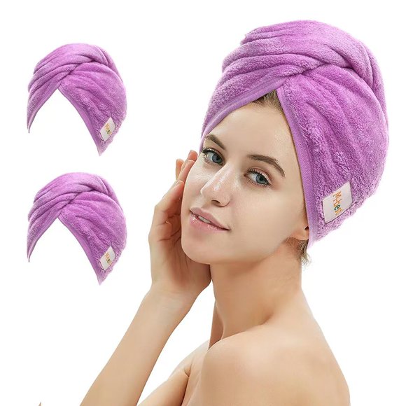 M-bestl Paquete de 2 toallas de microfibra para el cabello, toalla para secar el cabello con botón, toalla absorbente para la cabeza para secar el cabello rápidamente (púrpura)