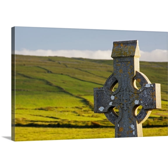 Great BIG Canvas | "Celtic Cross In A Cemetery; Fanore, County Clare, Ireland" Canvas Wall Art - 36x24