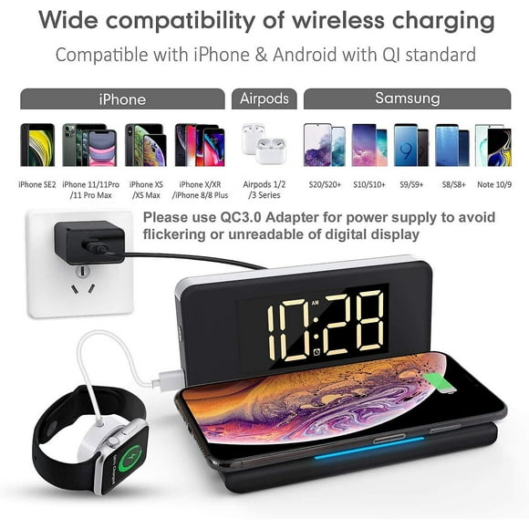 Digital Clock, Wireless Charging Alarm Clock With Night Light Qc3.0 Usb Connector, Modern Desk Clock For Iphone Charging Dock Bedroom Living Room, 12/