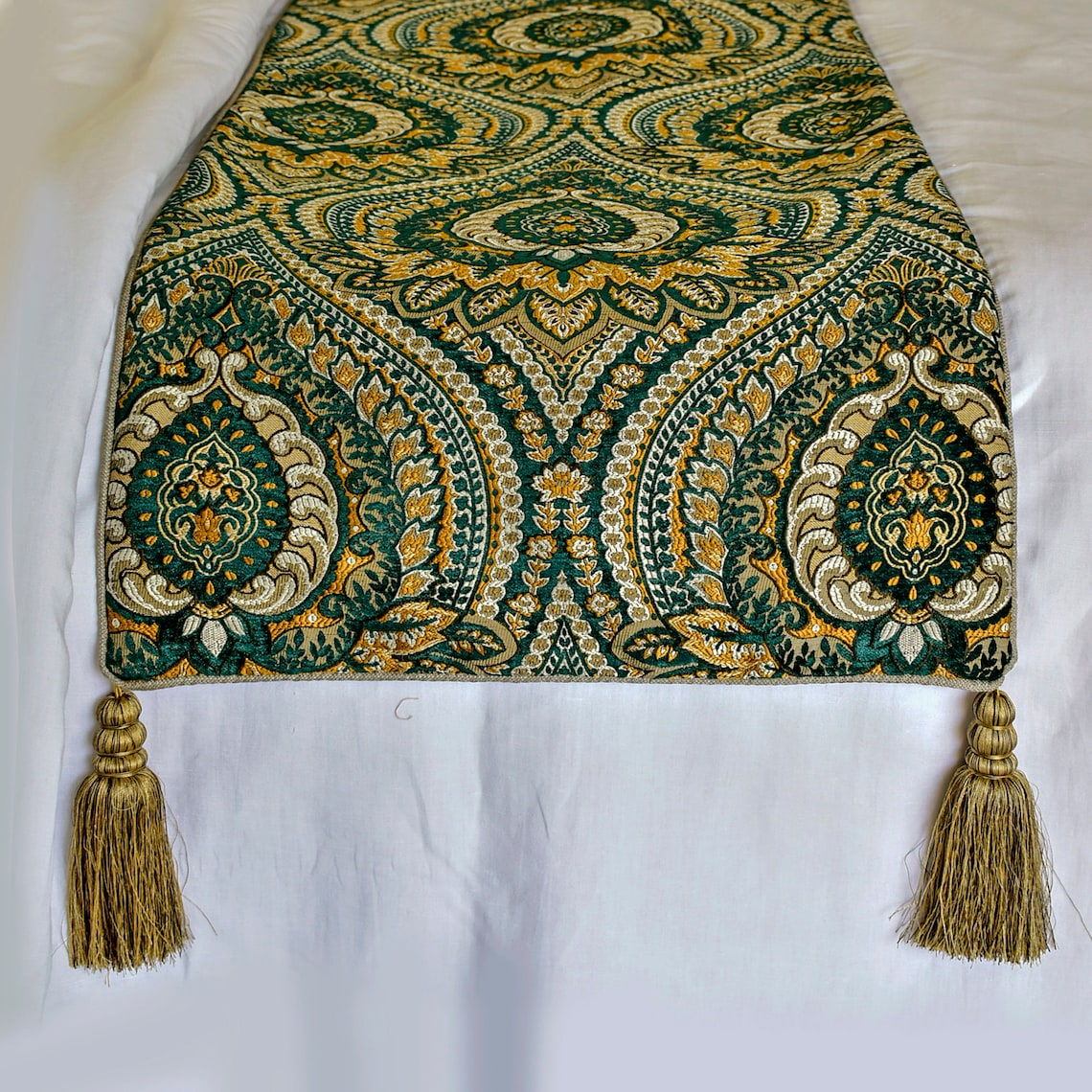 The HomeCentric King / Queen / Twin Green Designer Queen 74"x18" Bed Runner WITHOUT Pillow Cover, Damask, tassels & Tapestry Bed Scarf on Jacquard fabric - Damask Tapestry