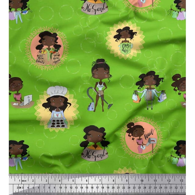 Soimoi Green Silk Fabric Circle,Cook & Working Girl Print Fabric by the Yard 42 Inch Wide