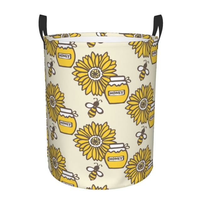 Fotbe Cartoon Honey Pot Bee Sunflower Cesto de Ropa con Asas, Cesto Impermeable de Gran Capacidad, Bolsa de Lavado para Dormitorio, Cesto de Ropa con Ruedas y Asas-Small