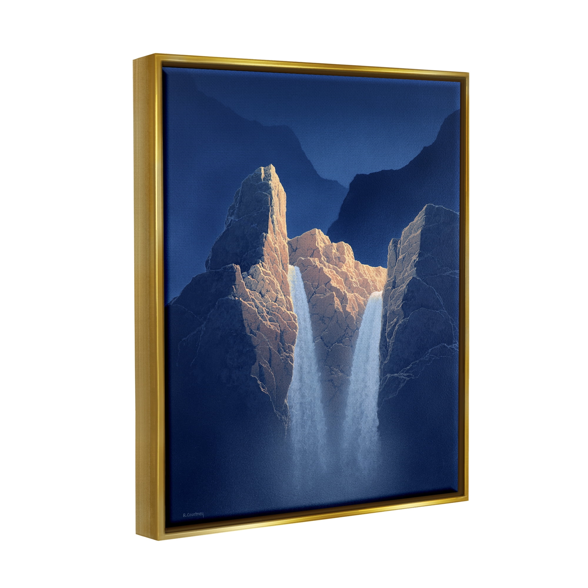 Stupell Two Waterfalls Nighttime Peaks Landscape Painting Gold Floater Framed Art Print Wall Art