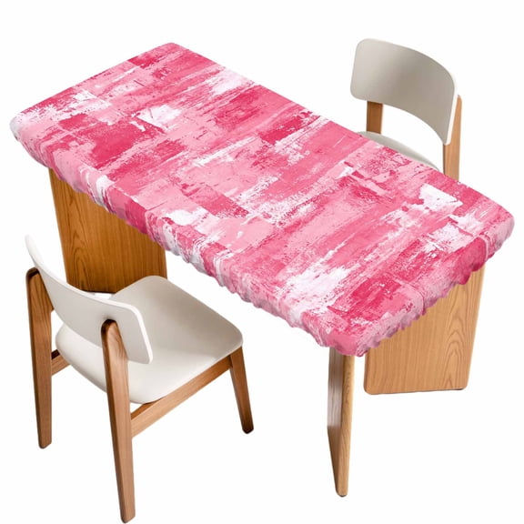 Pink Abstract Table Cloths for 5 Foot Rectangle Tables, Vintage Geometric Gradient Oil Painting Modern Patio Waterproof Elastic Fitted Tablecloths, Washable Rectangular Table Cover for Camping
