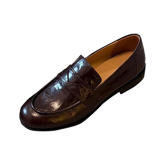 CYMMPU Women's Vintage Penny Loafers, Low Block Heel Round Toe Slip On Shoes, Classic Business Casual Leather Footwear for Work and Daily Wear Brown 40