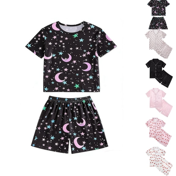 UJNDER Boy'S Summer Printed Short Sleeve Crew Neck Top With Shorts Two Piece Soft Pajama Set For Kids Comfortable Nightwear Boys Pajamas,09_Black,7-8 Years