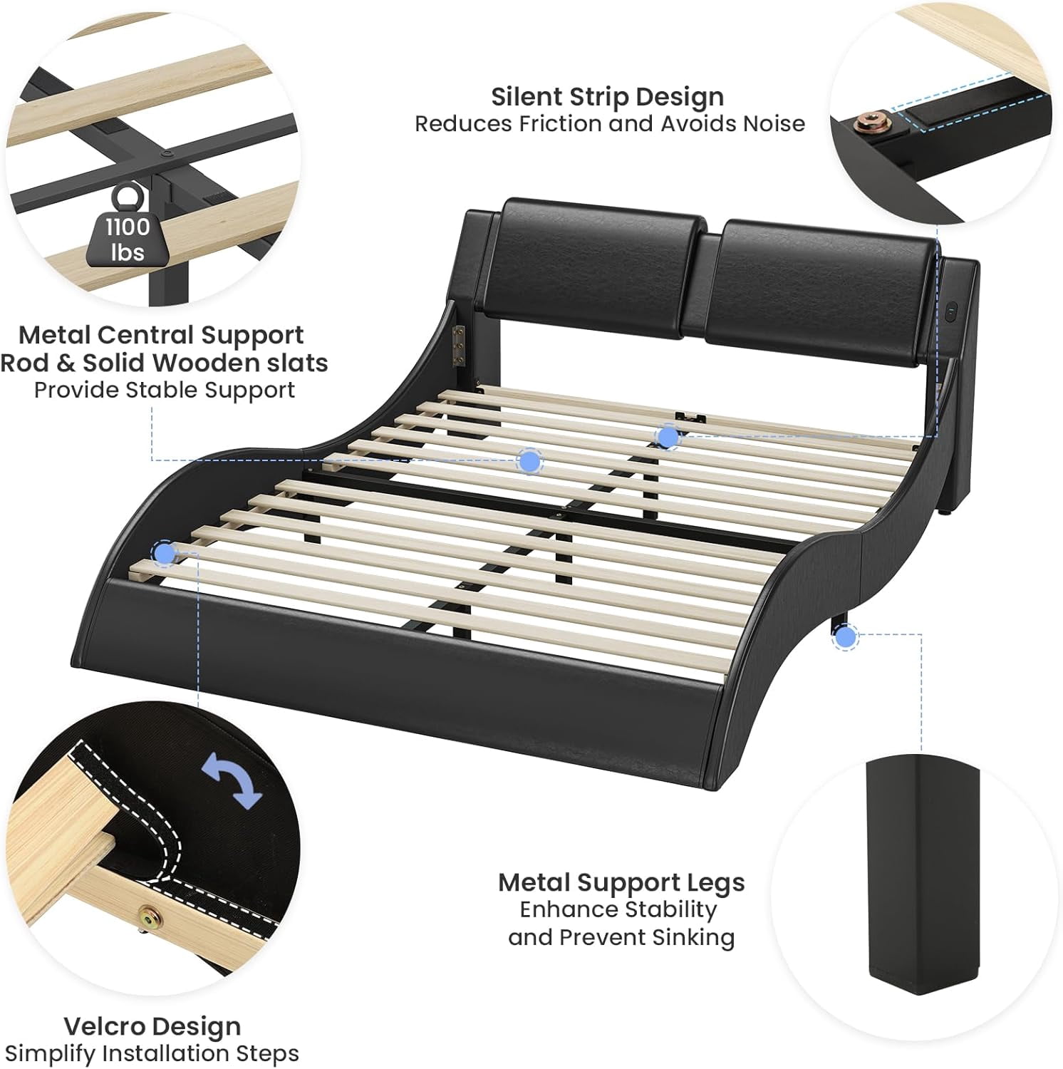 Queen Bed Frame with RGB Led Lights & Charging Ports,Modern Faux Leather Upholstered Platform Bed with Headboard Wave Like Curve Low Profile Bed,Wood Slats Support,Squeak Resistant,Black