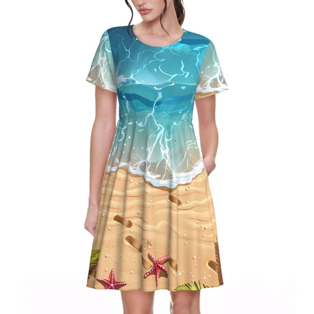 Balery Tropical Beach With Starfish Vestidos sueltos de manga corta para mujer, vestidos de verano 2025, vestidos casuales de corte A con vuelo.