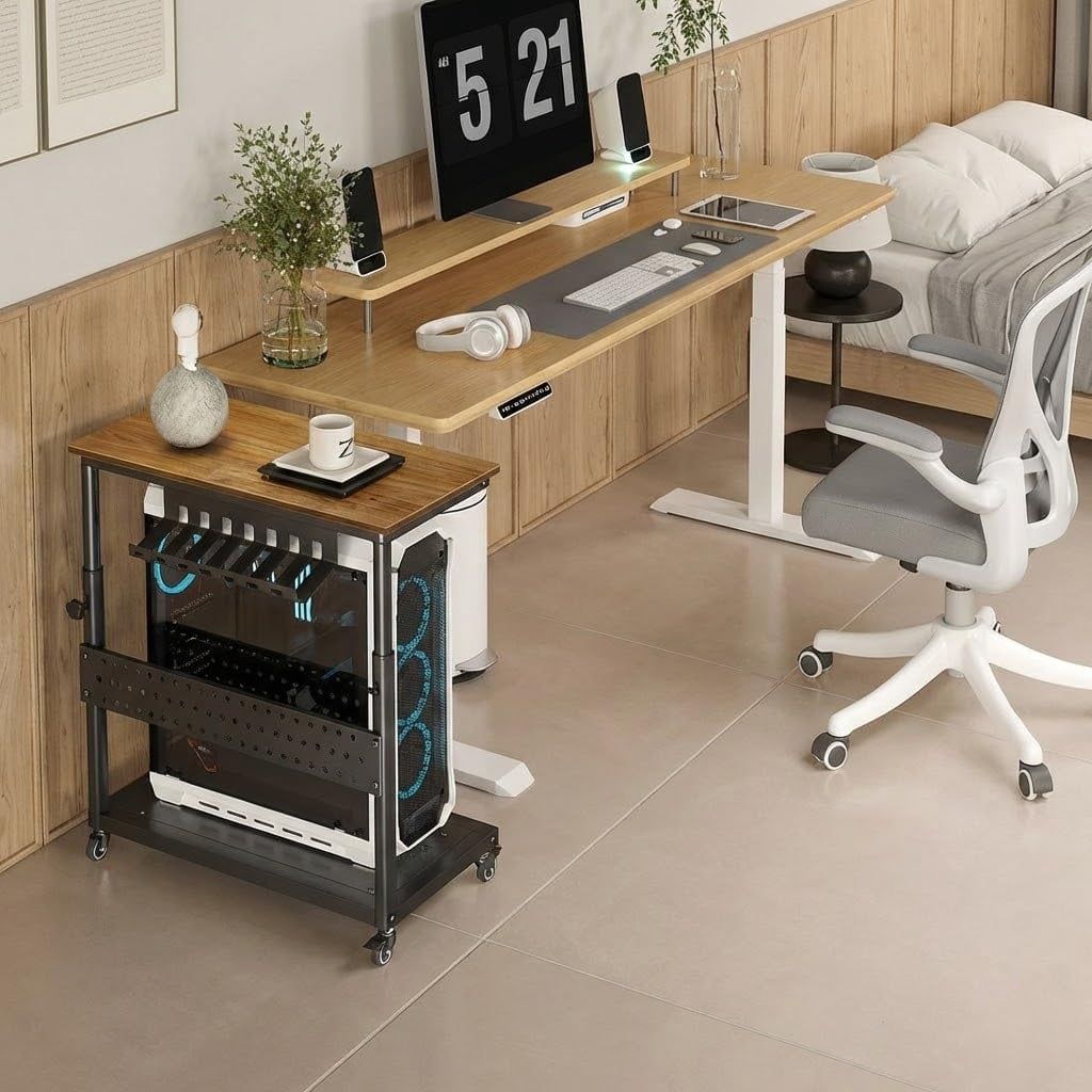Ataujin Computer Tower Stand with Cable Management Rack, 2-Tier Mobile CPU Holder Cart, Adjustable Rolling PC Stand for Office and Home Use
