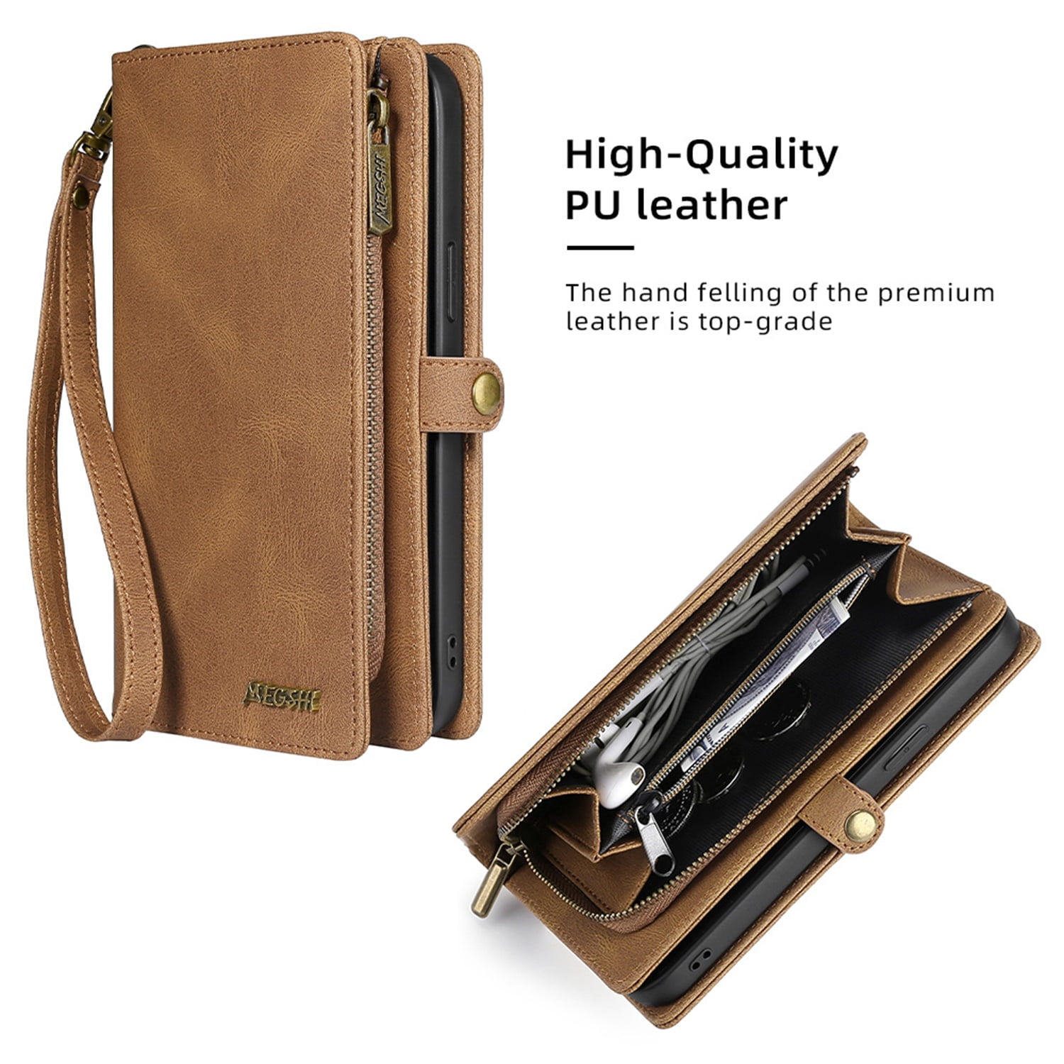 Defencase for iPhone 14 Pro Max Case for Women Men, Removable Durable PU Leather Magnetic Flip Strap Wristlet Zipper Purse Card Holder Detachable Wallet Phone Cases for iPhone 14 Pro Max, Brown