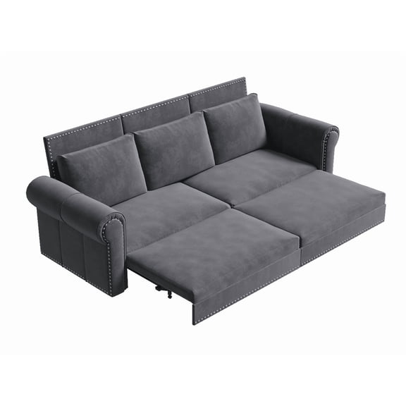 TICOZE 93.7" Chesterfield King Pull Out Sofa Bed, 3-in-1 Grey Velvet Convertible Sleeper Sofa with Nailhead Trim, Multi-Functional Sofa Bed for Living Room and Bedroom