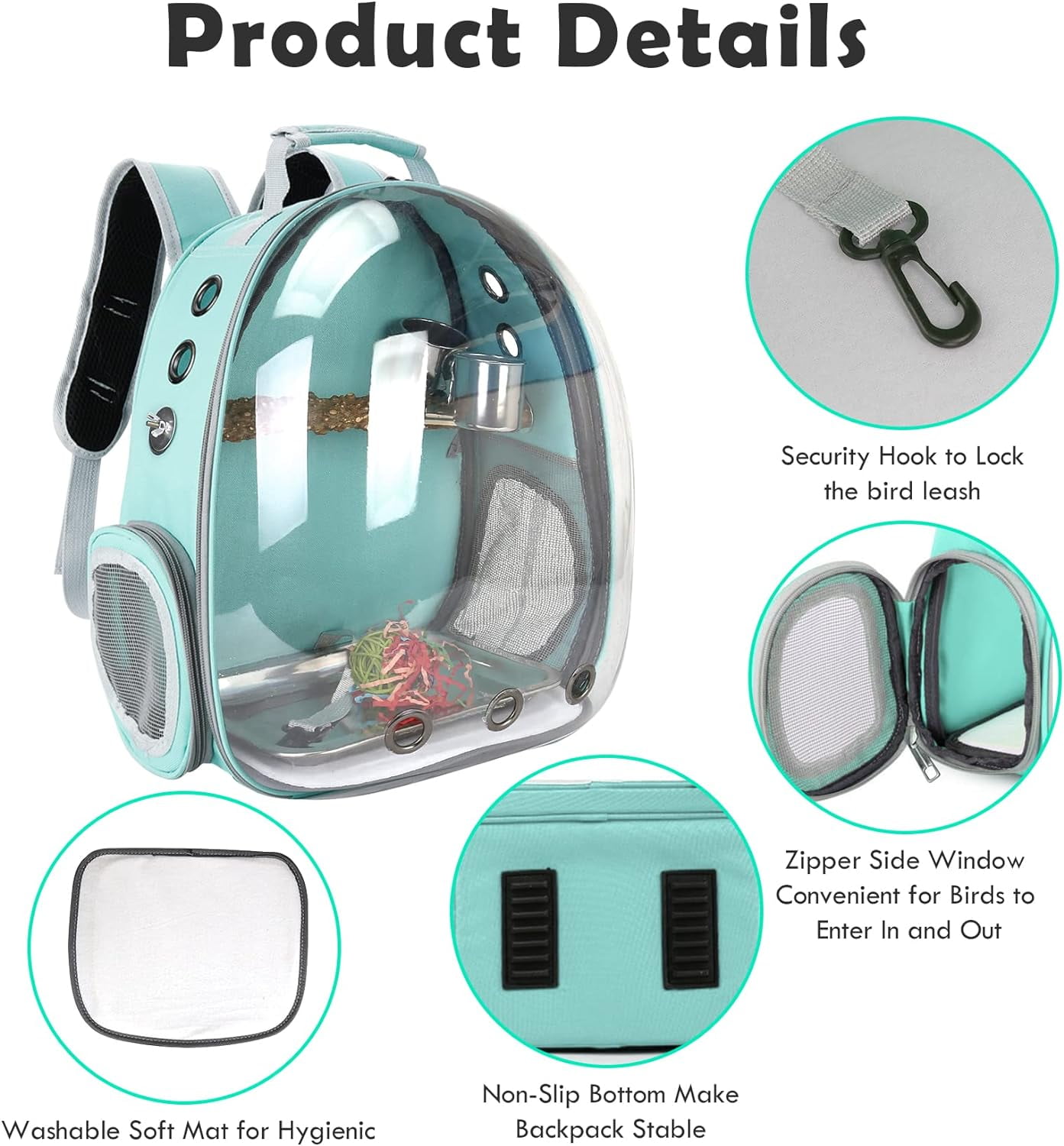 Bird Backpack, Bird Carrier Travel Cage with Perch, Portable Wildbird Carrier Bag, Parrot Parakeet Cockatiel Cage w/Toy Stainless Steel Food Bowl Tray for Conures Budgie Canary Lovebirds Small Animal