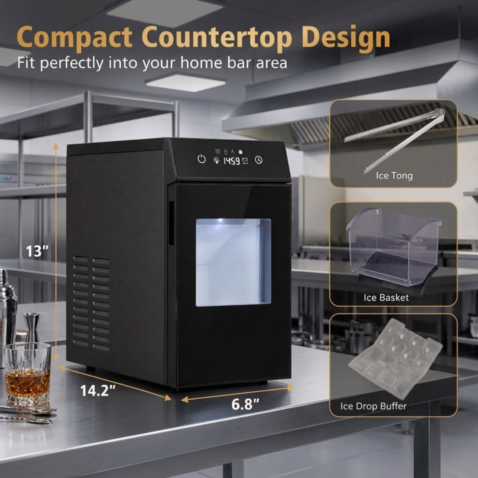 RUIE 2 Inch Ice Ball Maker Countertop, Compact Sphere Ice Machine with Self-Cleaning and 8H Timer for Home Bar Whiskey Cocktails, Black