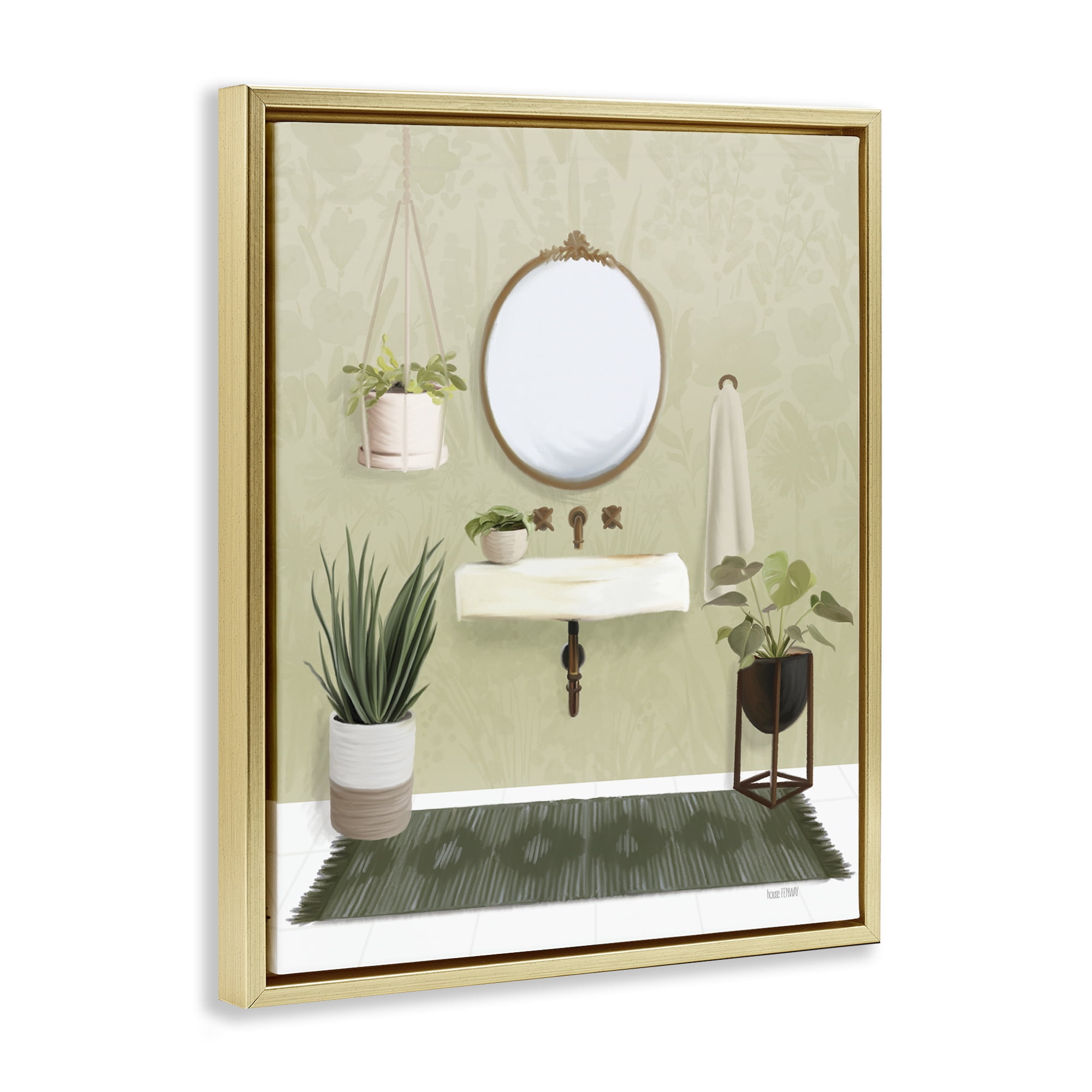 Stupell Industries Soothing Bathroom with Plants Bath & Laundry Painting Gold Floater Framed Canvas Art Print Wall Art, 17 x 21