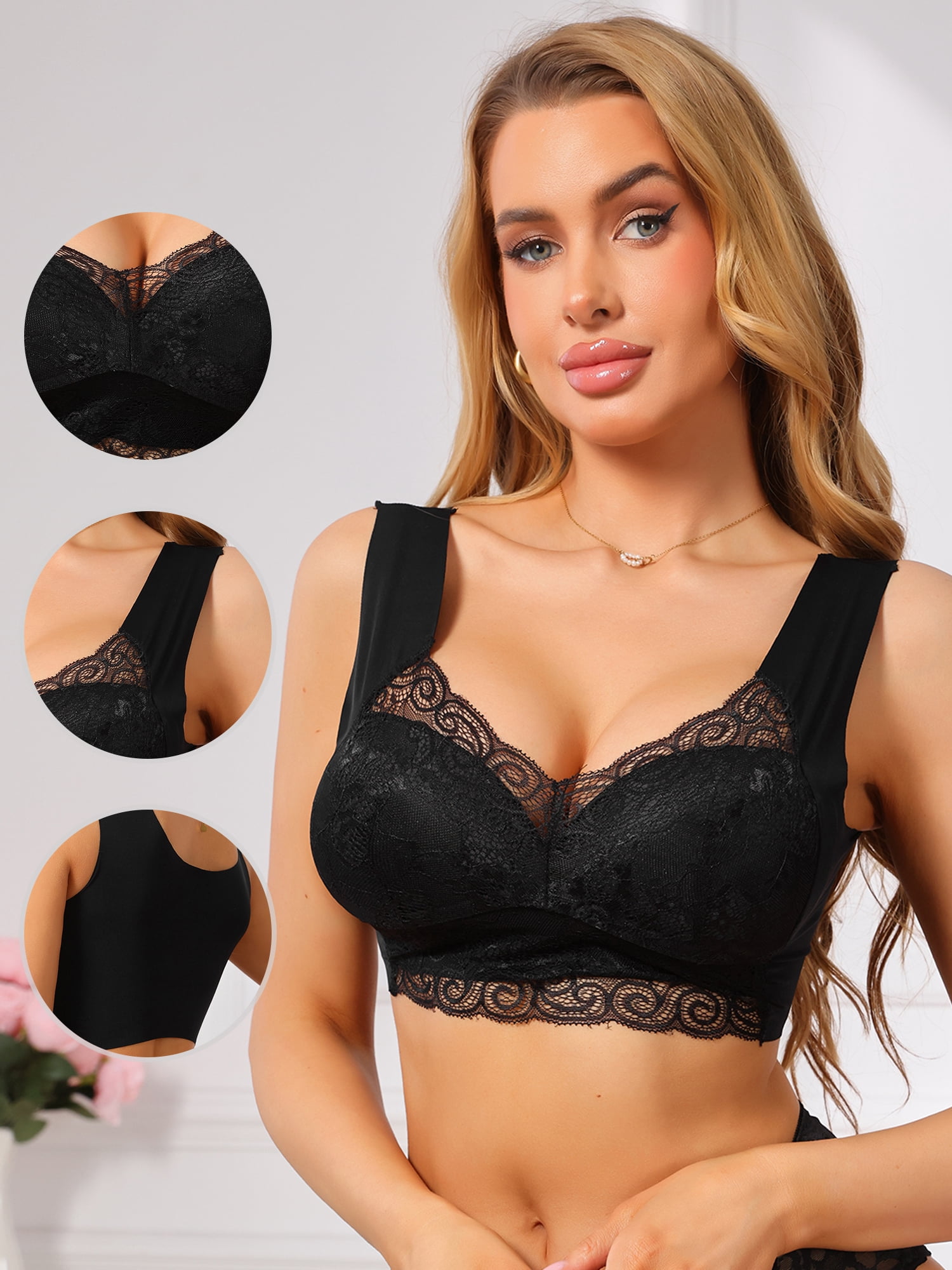 DARING DIVA Women's Plunge Lace Wireless Push Up Full Coverage Bra 4XL Black