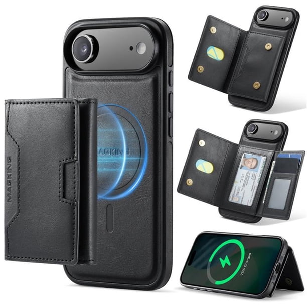 Case For IPhone Air Funda Protectora RFID de 6,5" con Ranuras para 7 Tarjetas Magsafe, Soporte 2 en 1, Funda Protectora de Cuero Desmontable a Prueba de Golpes, Negro, For IPhone Air