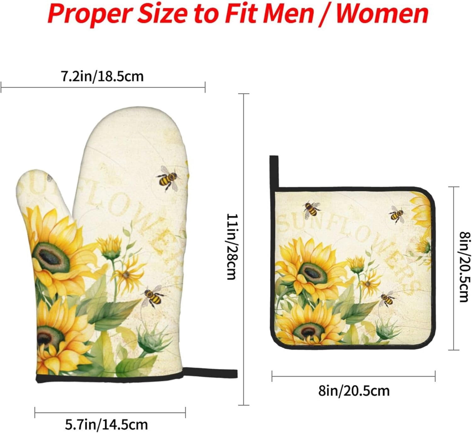 Sunflower Oven Mitts and Pot Holders Set of 4 Sun Flower Oven Mitts Heat Resistant Farmhouse Bee Potholders Non-Slip 4pcs Hot Pads Oven Gloves for BBQ Baking Grilling Kitchen Decor Housewarming Gift