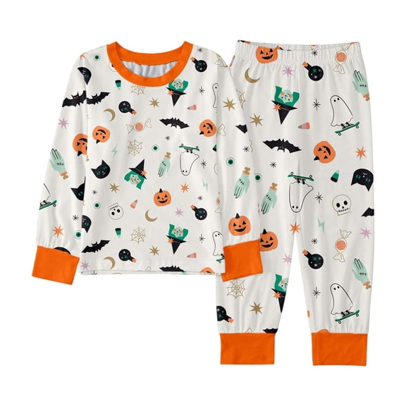 Halloween Pajamas Kids Size 4-5 Years Party Sleepwear Long Sleeve Top and Pants Soft Homewear Pjs for Boys White